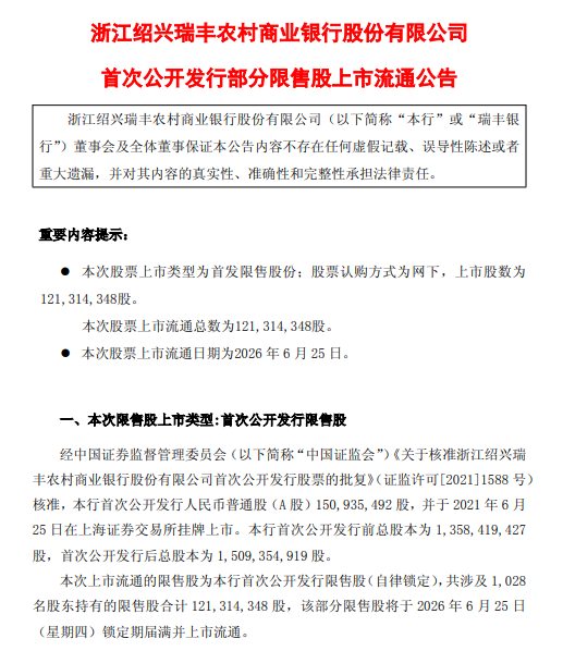 瑞丰银行：1.21亿股首发限售股将于6月25日上市流通